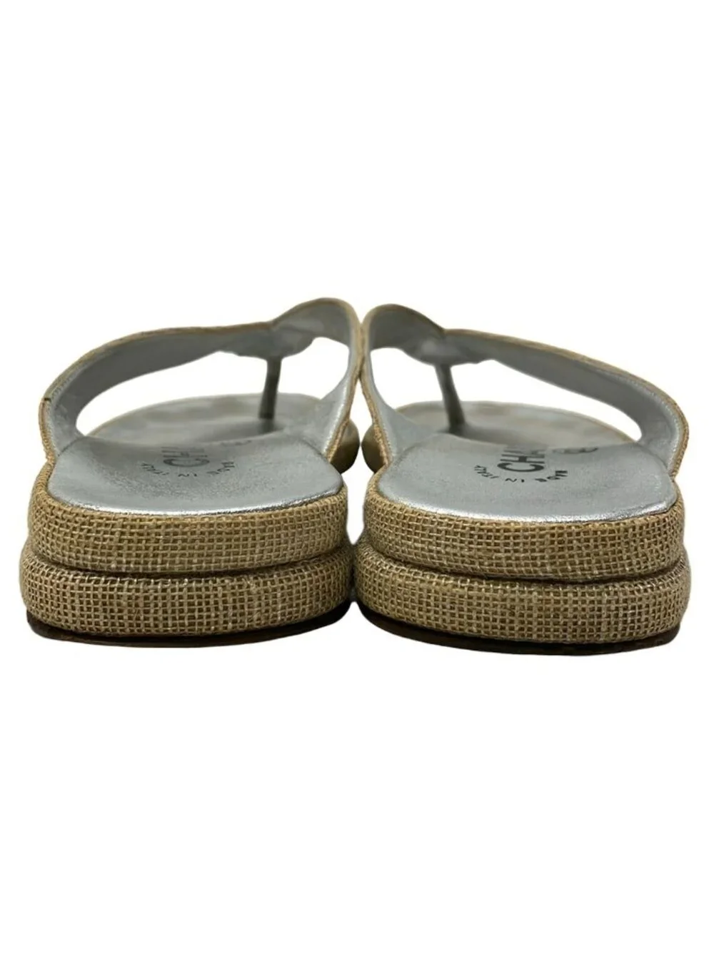 Chanel Beach Sandals 36 Beige CC Logo Silver Linen